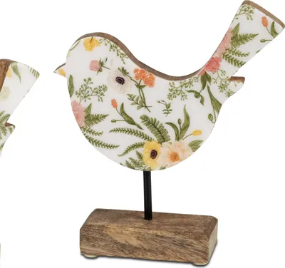 Produktbild von Dekofigur Vogel mit Blumenmotiv H. 19cm weiß bunt natur Mangoholz Formano F26