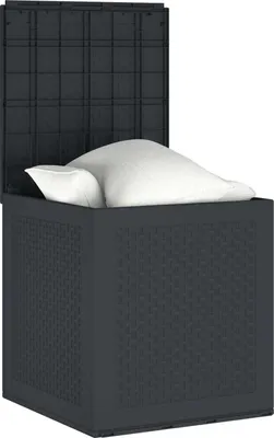 A dark grey storage box with its lid open, revealing two white pillows inside.