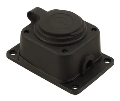 A black outdoor electrical socket with a protective cover.