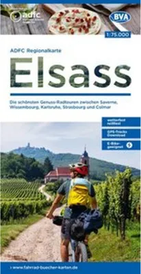 Obrázok produktu pre Regionálna mapa Alsaska od ADFC, 1:75 000, s návrhmi jednodňových výletov, odolná voči roztrhnutiu a poveternostným vplyvom, vhodná pre e-bicykle, GPS stopy na stiahnutie