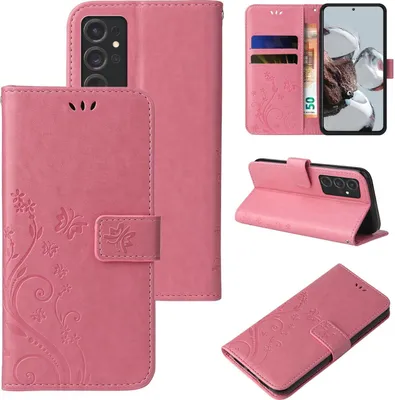 Collage of images showing a pink floral butterfly flip phone case for a Samsung Galaxy S24 Ultra.