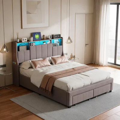 Productafbeelding van INONEFT Gestoffeerd bed 140x200 cm met LED-verlichting en USB-aansluiting, eenpersoonsbed met 2 lades, hoofdeinde met zijvak en opbergruimte, linnen grijs