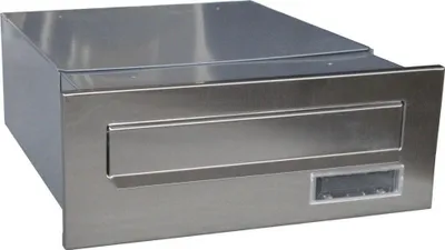 A stainless steel mailbox designed to be built into a post.