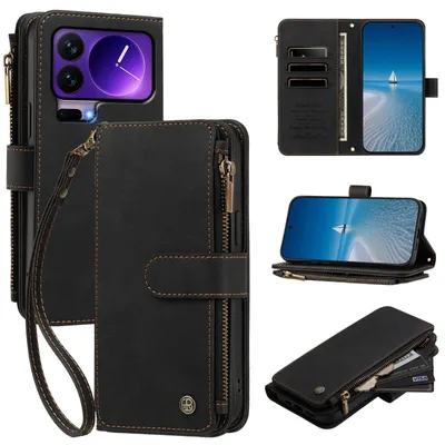 Produktbild von Handyhülle für Xiaomi 17 Pro, Leder Klapphülle mit Kartenfächern, Reißverschlussfach und Handschlaufe Schwarz
