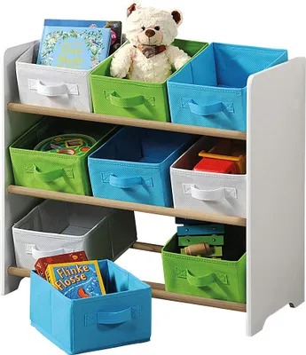 Produktbild von Kinderregal mit Boxen - Faserplatte - 66 x 30 x 595 cm - weiß grün blau - Aufbewahrungsregal für Kinderzimmer Spielzeugschrank