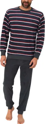 Produktbild von Herren Frottee Pyjama langarm Schlafanzug mit Bündchen in Streifenoptik - 59885 ; anthrazit , 60-62