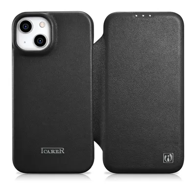 A black leather flip case for an iPhone 14 is shown against a white background.