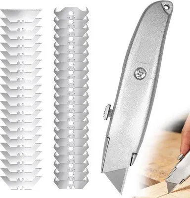 Productafbeelding van Professioneel tapijtmes, tapijtmes, haaklemmet, set universeel mes, haakmes met 20 trapeziumlemmeten en 20 haakmessen