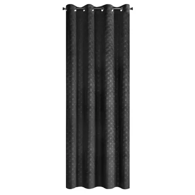 A single black curtain hanging vertically against a white background.