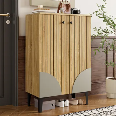 Obrázek produktu pro Merax botník 60x32x94cm s černým kovovým rámem, moderní organizér na boty s dvířky a policemi, prostorově úsporný úložný prostor do předsíně, dřevo