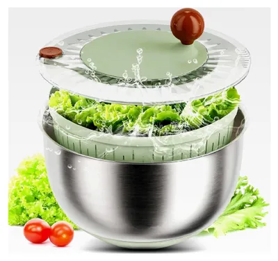 Produktbild von Edelstahl-Salatschleuder – 500 g Volumen/5 L – manuell mit Kurbelantrieb, rutschfestem Deckel und Wasserauslass – spülmaschinengeeignet – ideal für frische Salate und Gemüse.