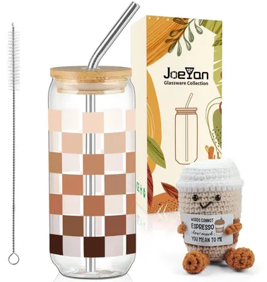 Produktbild von Glasbecher mit Deckel und Strohhalm 600ml Karodesign, Eiskaffee Glas, Geschenkset