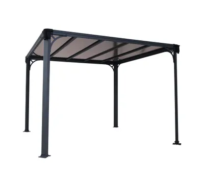 A gray metal gazebo with a clear roof, shown from a side-angle on a white background.