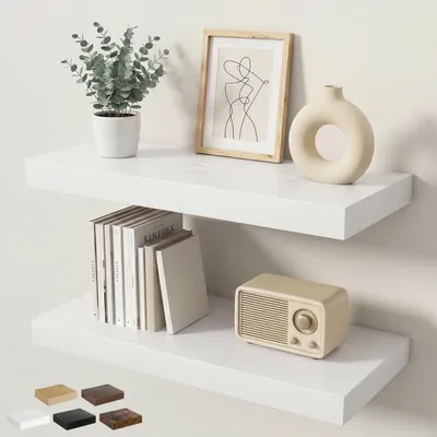 Image de Étagère murale flottante, lot de 2, dimensions 60 x 23,5 x 3,8 cm, couleur blanche, en MDF