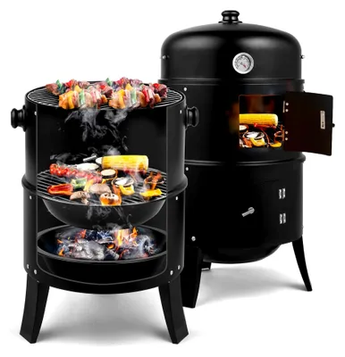 Produktbild von 3-in-1 Smoker Holzkohlegrill Schwarz für Garten und Outdoor 80x41x48cm mit einstellbaren Lüftungsschlitzen