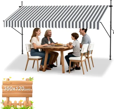 Produktbild von UISEBRT Klemmmarkise Balkonmarkise mit Handkurbel Einziehbar Manuell Sonnenschutz UV-beständig ohne Bohren Terrassenüberdachung 350x120cm Grau-weiß