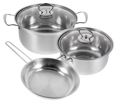 Produktbild von Edelstahl Kochgeschirr 3-teilig mit Suppentopf, kleinem Milchtopf und Bratpfanne