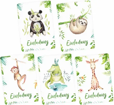 Produktbild von 10 Einladungskarten SET Affe, Krokodil, Giraffe, Faultier, Panda für Kindergeburtstag