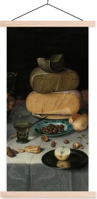 Produktbild von MuchoWow® Textilposter Stilleben mit Käse - Gemälde von Floris Claesz. van Dijck 40x80 cm mit holzfarbenen Rahmen - Wohnzimmer