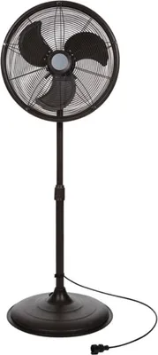 A black pedestal fan on a white background.