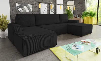 Produktbild von Wohnlandschaft mit Schlaffunktion Totti - U-Form Couch, Schlafsofa mit Bettkasten, Couchgranitur mit Bettfunktion, Big Sofa, Cord Stoff, Wohnzimmer (Schwarz (Poso 135))