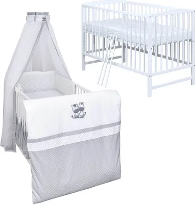 Produktbild von Baby-Delux Babybett Kinderbett Gitterbett Milo Weiß 120x60 Komplett Bettset 10-tlg mit Stickerei Zebra