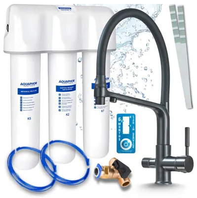Produktbild von Ari 3-Wege-Küchenarmatur Flexible, Schwarz Matt, Ausziehbare Spültischarmatur Im Set Mit Aquaphor Wasserfiltersystem, Untertischanlage