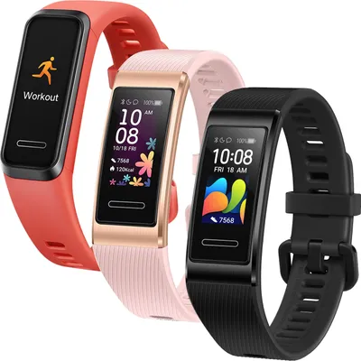Three Huawei Band 4 Pro fitness trackers in different colors are displayed.