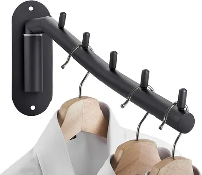 Obrázek produktu pro Věšák na oblečení z nerezové oceli – montáž na zeď s otočným ramenem, robustní organizér pro kabáty a župany, ideální do prádelny a ložnice, věšák na prádlo s 5 háčky, černý