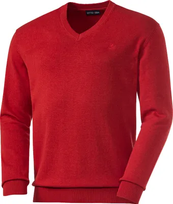 A red V-neck sweater is shown against a white background.