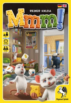 The image is the front cover of a board game box, featuring cartoon mice and a cat in a kitchen setting.