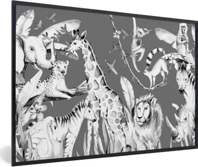 Produktbild von MuchoWow® Gerahmtes Poster Wasserfarben - Dschungel - Tiere - Jungen - Blau - Kinder 30x20 cm - Poster mit Schwarzem Bilderrahmen Wandposter Rahmen Foto Bilder - Kunstdruck - Bild-Poster