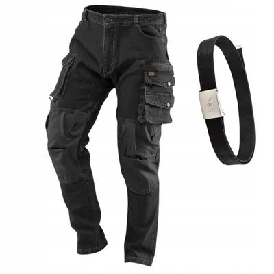 A pair of black cargo pants and a black belt are displayed against a white background.
