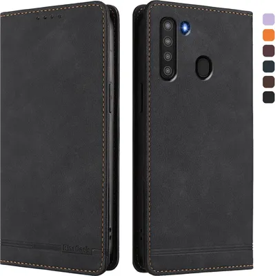 Image de Etui pour Samsung Galaxy A21, étui rétro en cuirPolyuréthaneavec support et fentes pour cartes de crédit Noir