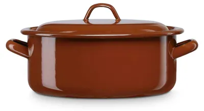 A studio shot of a brown enameled pot with a lid.