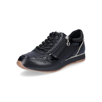 A black Tamaris women's sneaker is shown from a side-angle against a white background.
