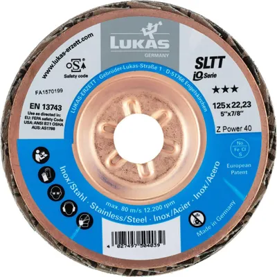 Obrázek produktu pro Klapkový kotouč LUKAS SLTT (ZA-Power), plochý úhelník pro ocel a INOX, Ø 125 mm, zrnitost: 40