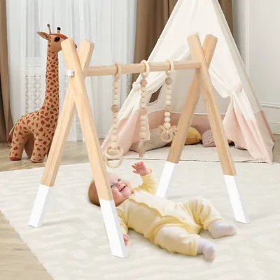 Produktbild von Baby-Spielbogen aus Holz, faltbarer Spielrahmen mit 3 Hängespielzeugen