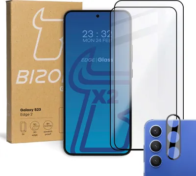 Produktbild von Gehärtetes Glas Bizon Glass Edge - 2 Stück + Kameraschutz für Galaxy S23, Schwarz
