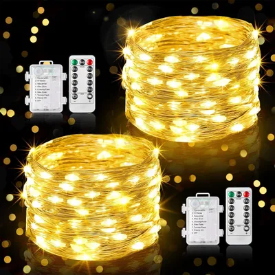 Obrázok produktu pre Vonkajšie svetelné reťaze - Napájanie: batérie - 2 x 10 metrov - 100 LED - Mini svetelná reťaz na batérie - Diaľkové ovládanie - Časovač