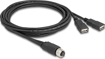 Produktbild von Delock M12 Kabel A-kodiert 8 Pin Buchse zu 2 x USB 2.0 Typ-A Buchse 2 m schwarz