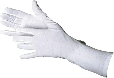Produktbild von Dünner Baumwollhandschuh in Weiß (35 cm) – waschbar und fusselarm – für Lebensmittelverarbeitung, Inspektionen und Feinarbeiten