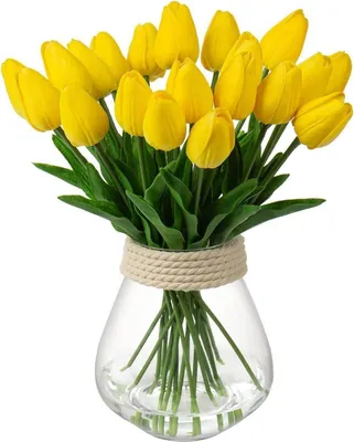 Immagine prodotto di 20 fiori di tulipano artificiali, bouquet in lattice, effetto realistico, colore giallo, altezza 34 cm