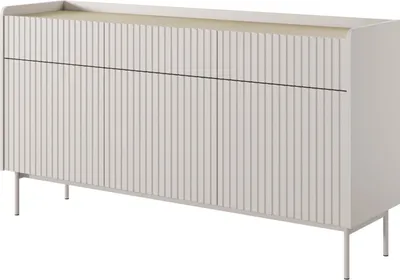A modern sideboard with a fluted front and a light wood top, presented on a white background.