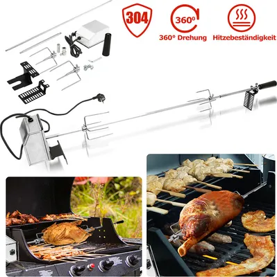 Immagine prodotto di Fiqops set di spiedi per girarrosto in acciaio inox 117cm Morsetto per carne BBQ con motore incl. aghi per carne 220V-240V Spiedo per girarrosto elettrico Spiedo per girarrosto Camping