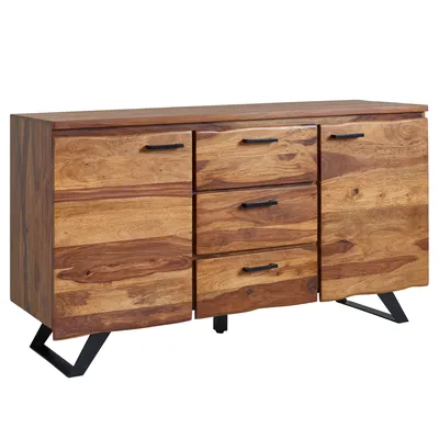 A wooden sideboard with black metal legs against a white background.