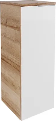 A tall, narrow cabinet with a wood-grain finish on the left side and a white finish on the right side, presented against a white background.