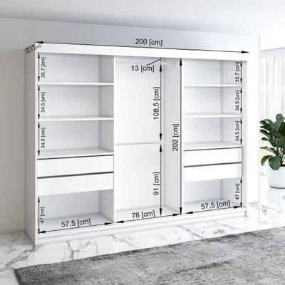 Produktbild von Schwebetürenschrank, 3-türig Schrank mit 4 Schubladen! Moderne Garderobe für Kleidung. Verschiedene Farben (Weiß, Schwarz, Somona) Kleiderschrank  MERO 200 cm