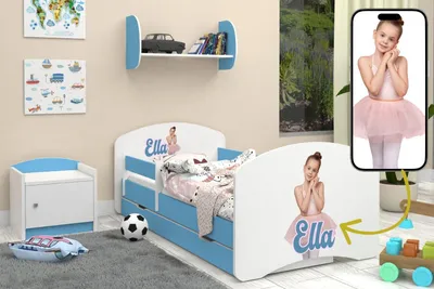 Produktbild von Happy Babies Kinderbett - mit Rausfallschutz Junge 140x70 Bett für Kinderzimmer mit Schublade & Matratze Einzelbett für Kinder Kinder Eigene Grafik -