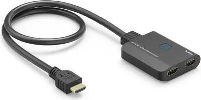 A black HDMI splitter with two output ports and one input cable is shown on a white background.